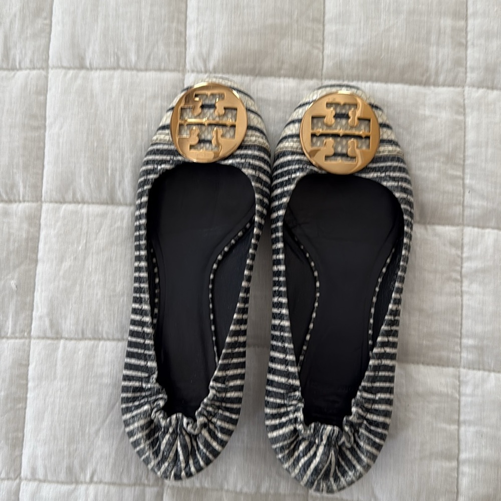 Tory Burch Black and White Striped Flats